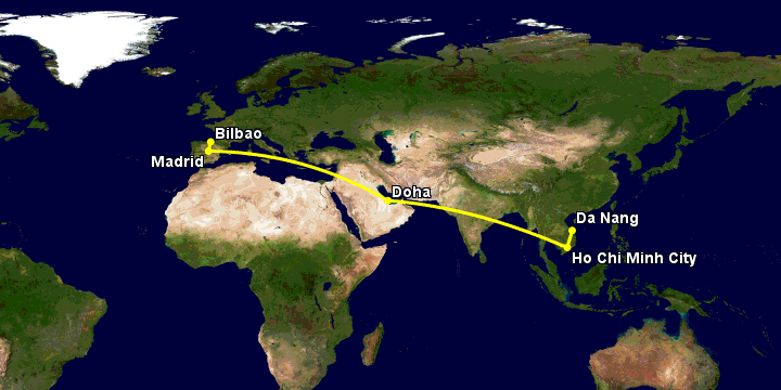 Bay từ Đà Nẵng đến Bilbao qua TP HCM, Doha, Madrid