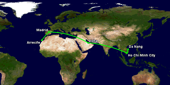 Bay từ Đà Nẵng đến Lanzarote qua TP HCM, Doha, Madrid