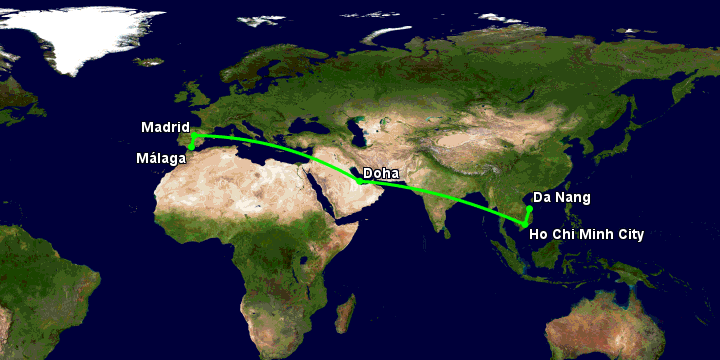 Bay từ Đà Nẵng đến Malaga qua TP HCM, Doha, Madrid