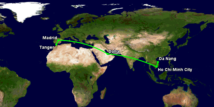 Bay từ Đà Nẵng đến Tangier qua TP HCM, Doha, Madrid