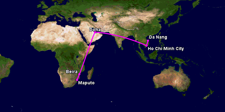 Bay từ Đà Nẵng đến Beira qua TP HCM, Doha, Maputo