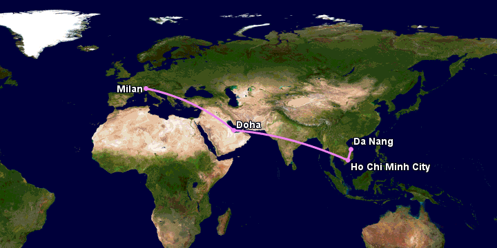 Bay từ Đà Nẵng đến Milan qua TP HCM, Doha