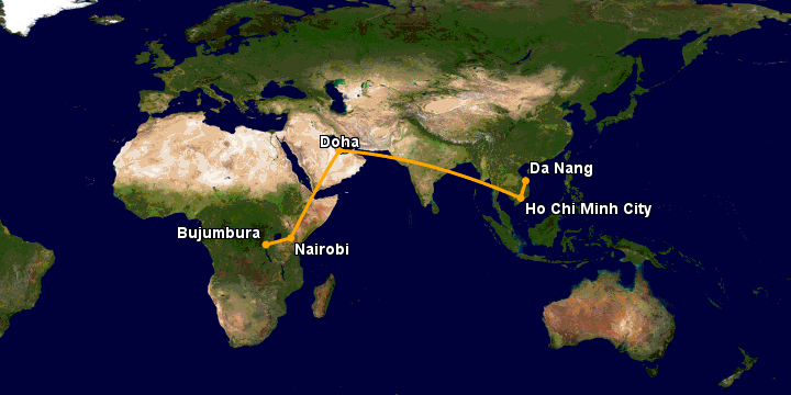 Bay từ Đà Nẵng đến Bujumbura qua TP HCM, Doha, Nairobi