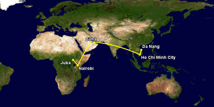 Bay từ Đà Nẵng đến Juba qua TP HCM, Doha, Nairobi