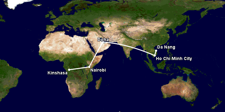 Bay từ Đà Nẵng đến Kinshasa Ndjili qua TP HCM, Doha, Nairobi