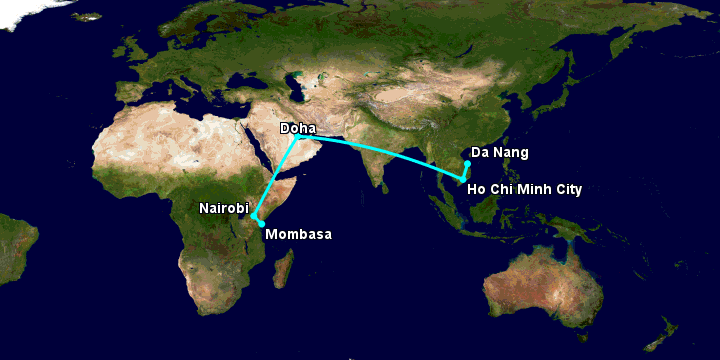 Bay từ Đà Nẵng đến Mombasa qua TP HCM, Doha, Nairobi