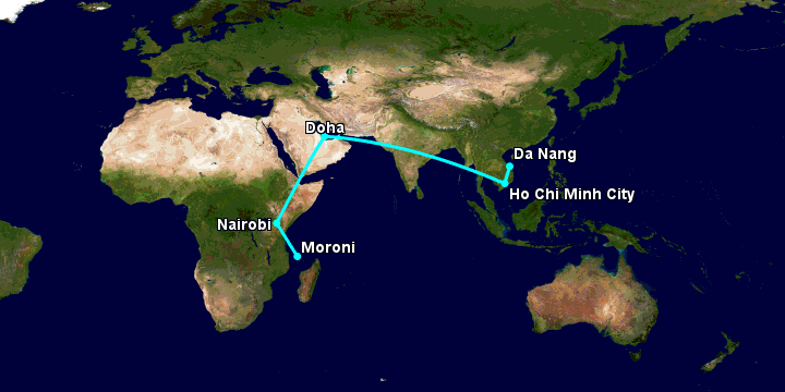 Bay từ Đà Nẵng đến Moroni Hahaya qua TP HCM, Doha, Nairobi