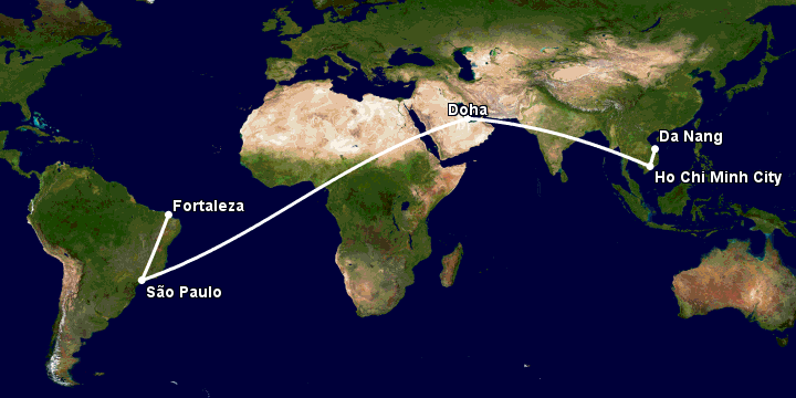 Bay từ Đà Nẵng đến Fortaleza qua TP HCM, Doha, Sao Paulo
