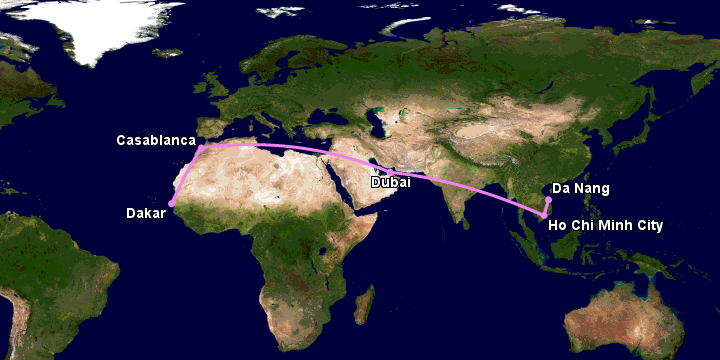 Bay từ Đà Nẵng đến Dakar qua TP HCM, Dubai, Casablanca