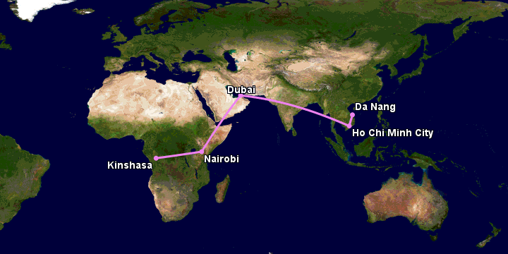 Bay từ Đà Nẵng đến Kinshasa Ndjili qua TP HCM, Dubai, Nairobi