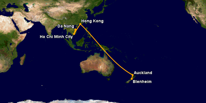 Bay từ Đà Nẵng đến Blenheim qua TP HCM, Hong Kong, Auckland