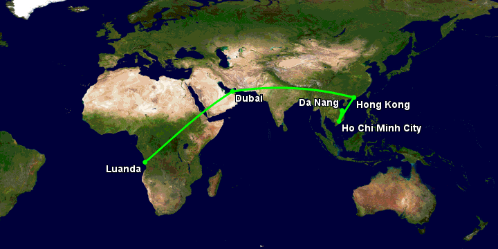 Bay từ Đà Nẵng đến Luanda qua TP HCM, Hong Kong, Dubai