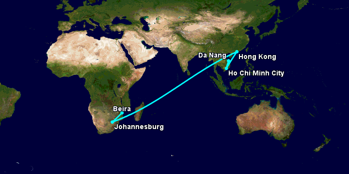 Bay từ Đà Nẵng đến Beira qua TP HCM, Hong Kong, Johannesburg
