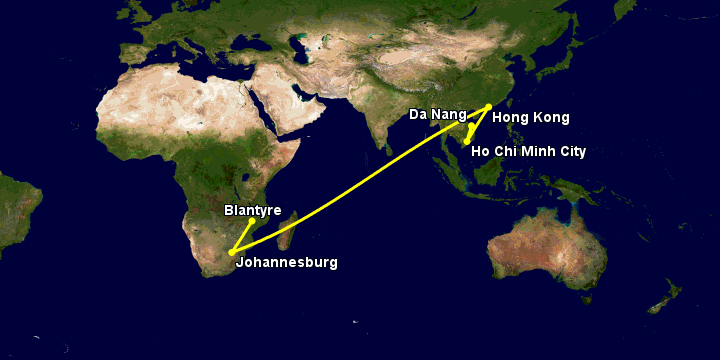 Bay từ Đà Nẵng đến Blantyre qua TP HCM, Hong Kong, Johannesburg