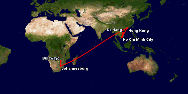 Bay từ Đà Nẵng đến Bulawayo qua TP HCM, Hong Kong, Johannesburg