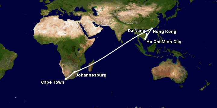 Bay từ Đà Nẵng đến Cape Town qua TP HCM, Hong Kong, Johannesburg