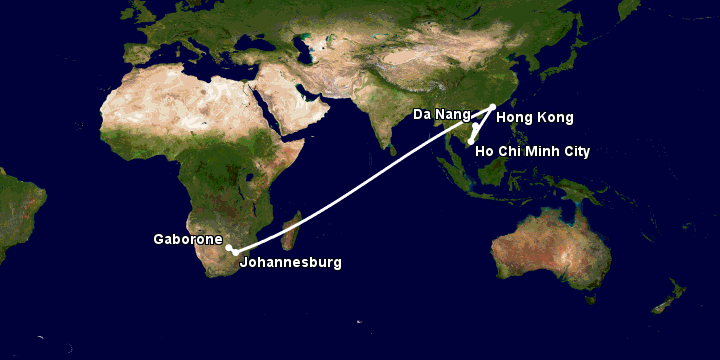 Bay từ Đà Nẵng đến Gaborone qua TP HCM, Hong Kong, Johannesburg