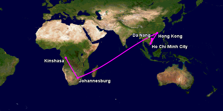 Bay từ Đà Nẵng đến Kinshasa Ndjili qua TP HCM, Hong Kong, Johannesburg