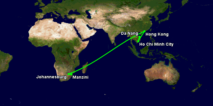 Bay từ Đà Nẵng đến Manzini qua TP HCM, Hong Kong, Johannesburg