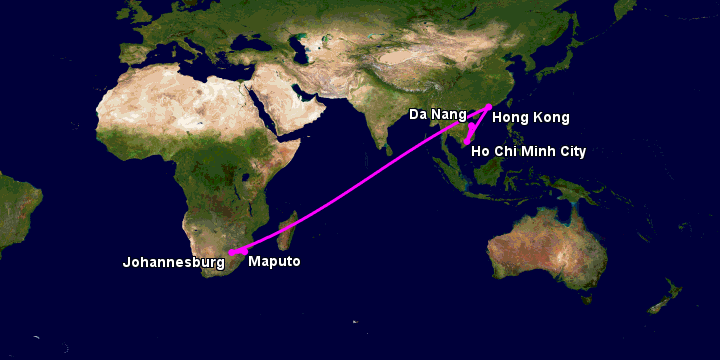 Bay từ Đà Nẵng đến Maputo qua TP HCM, Hong Kong, Johannesburg