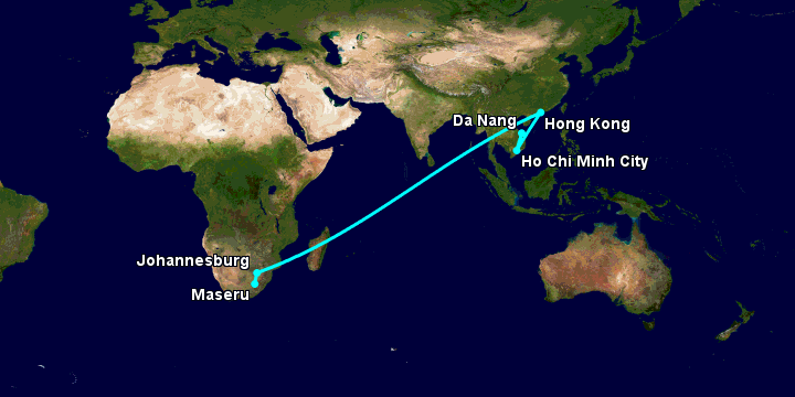 Bay từ Đà Nẵng đến Maseru qua TP HCM, Hong Kong, Johannesburg