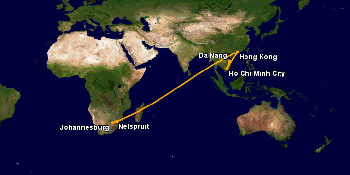 Bay từ Đà Nẵng đến Nelspruit qua TP HCM, Hong Kong, Johannesburg