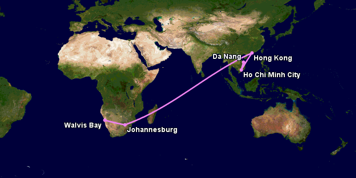 Bay từ Đà Nẵng đến Walvis Bay qua TP HCM, Hong Kong, Johannesburg