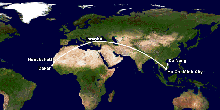 Bay từ Đà Nẵng đến Dakar qua TP HCM, Istanbul, Nouakchott