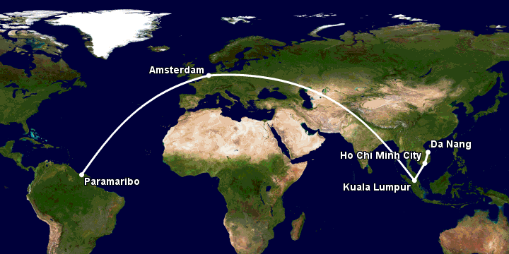 Bay từ Đà Nẵng đến Paramaribo qua TP HCM, Kuala Lumpur, Amsterdam