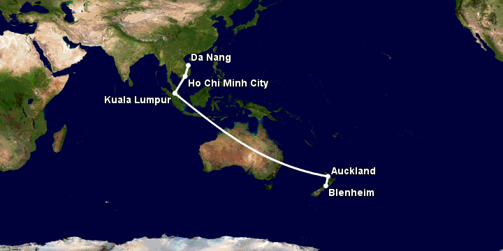 Bay từ Đà Nẵng đến Blenheim qua TP HCM, Kuala Lumpur, Auckland