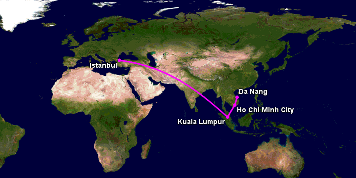 Bay từ Đà Nẵng đến Istanbul qua TP HCM, Kuala Lumpur