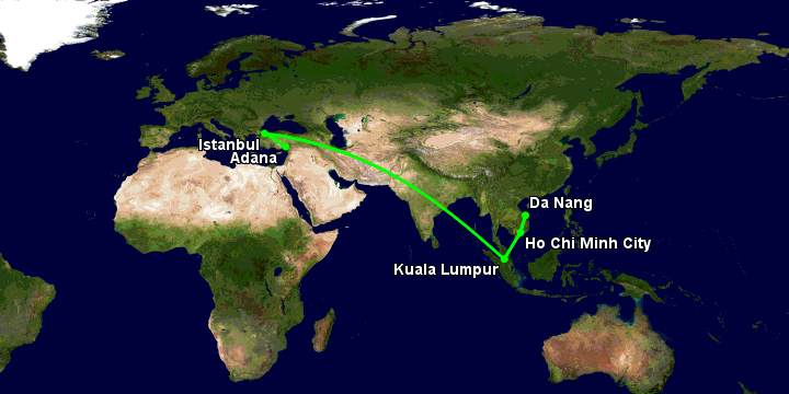 Bay từ Đà Nẵng đến Adana qua TP HCM, Kuala Lumpur, Istanbul