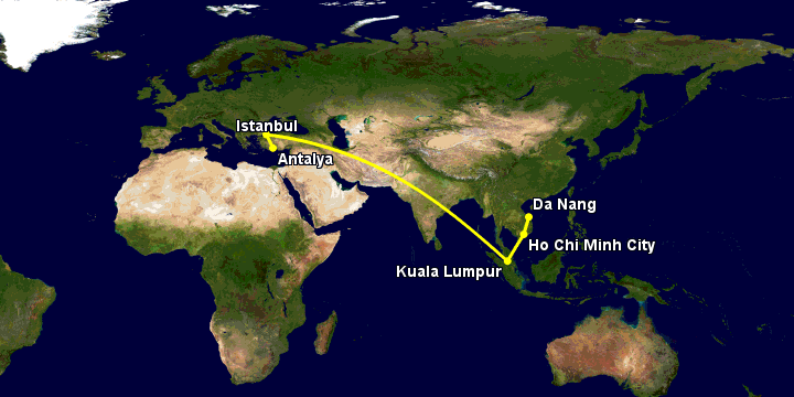 Bay từ Đà Nẵng đến Antalya qua TP HCM, Kuala Lumpur, Istanbul
