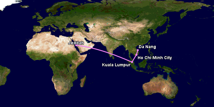 Bay từ Đà Nẵng đến Jeddah qua TP HCM, Kuala Lumpur