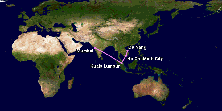 Bay từ Đà Nẵng đến Mumbai qua TP HCM, Kuala Lumpur