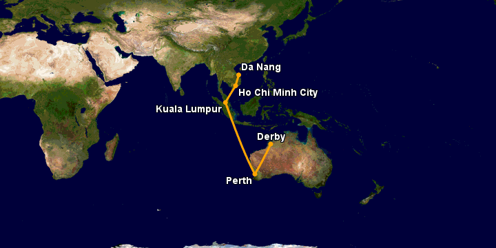 Bay từ Đà Nẵng đến Derby qua TP HCM, Kuala Lumpur, Perth