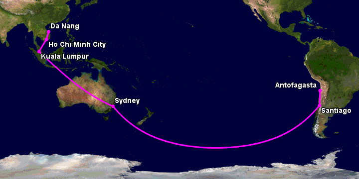 Bay từ Đà Nẵng đến Antofagasta qua TP HCM, Kuala Lumpur, Sydney, Santiago