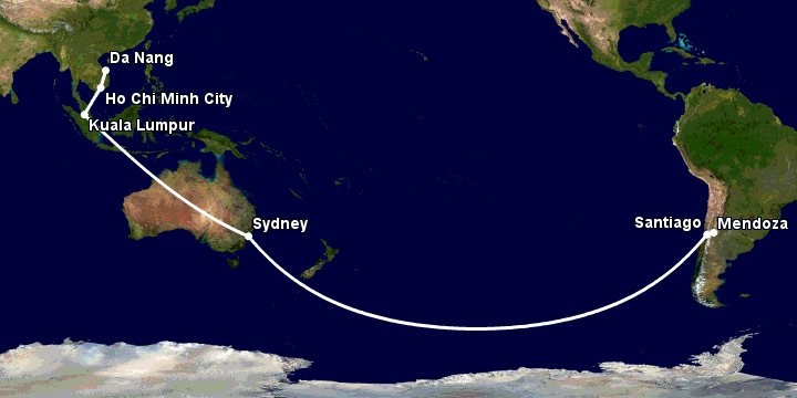 Bay từ Đà Nẵng đến Mendoza qua TP HCM, Kuala Lumpur, Sydney, Santiago