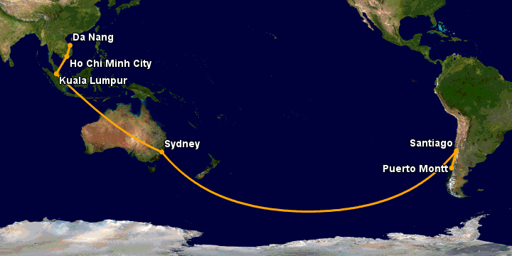 Bay từ Đà Nẵng đến Puerto Montt qua TP HCM, Kuala Lumpur, Sydney, Santiago