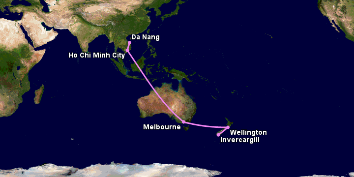 Bay từ Đà Nẵng đến Invercargill qua TP HCM, Melbourne, Wellington
