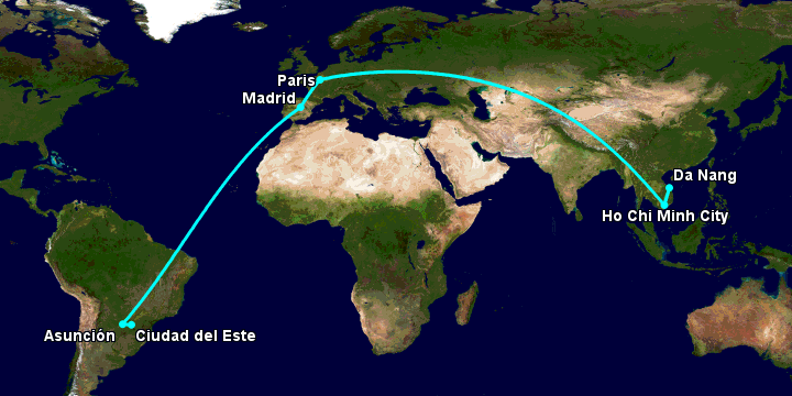 Bay từ Đà Nẵng đến Ciudad Del Este qua TP HCM, Paris, Madrid, Asunción