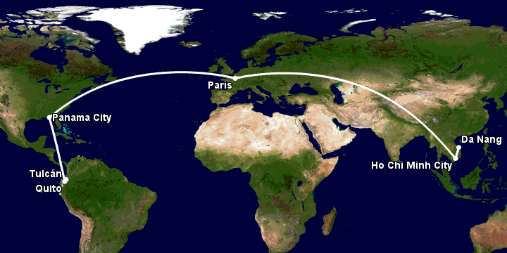 Bay từ Đà Nẵng đến Tulcan qua TP HCM, Paris, Panama City, Quito