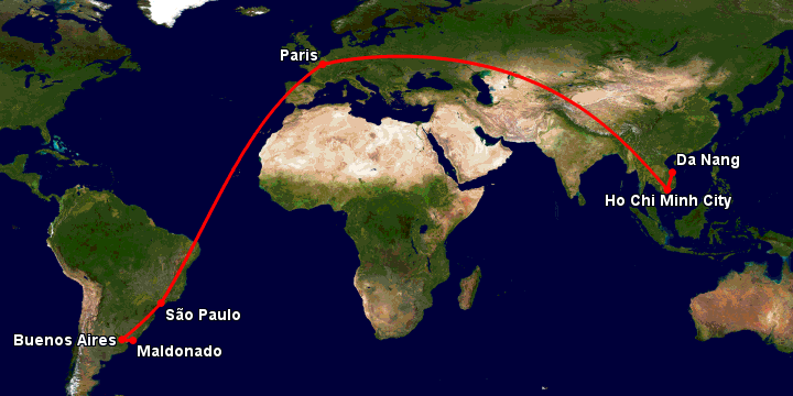 Bay từ Đà Nẵng đến Punta Del Este qua TP HCM, Paris, Sao Paulo, Buenos Aires