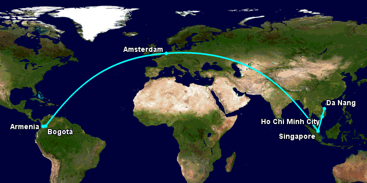 Bay từ Đà Nẵng đến Armenia qua TP HCM, Singapore, Amsterdam, Bogotá