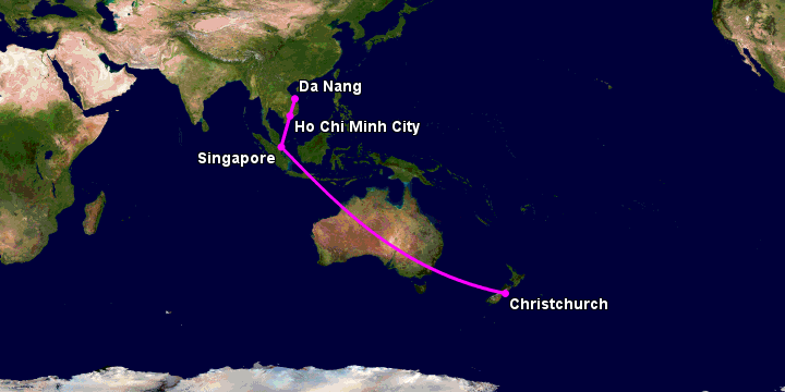 Bay từ Đà Nẵng đến Christchurch qua TP HCM, Singapore