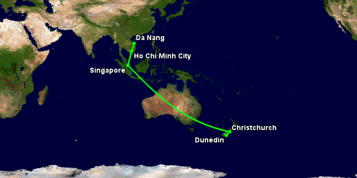 Bay từ Đà Nẵng đến Dunedin qua TP HCM, Singapore, Christchurch