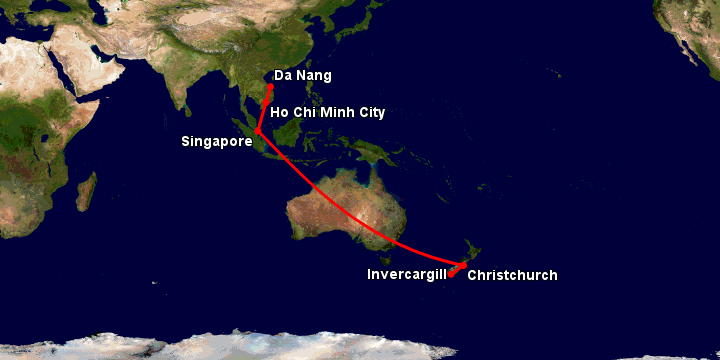 Bay từ Đà Nẵng đến Invercargill qua TP HCM, Singapore, Christchurch