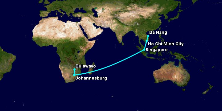 Bay từ Đà Nẵng đến Bulawayo qua TP HCM, Singapore, Johannesburg