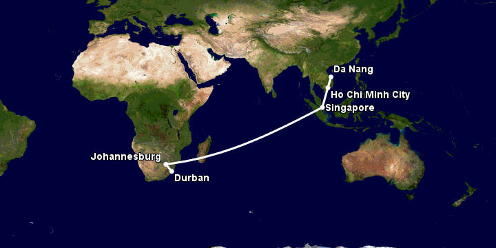 Bay từ Đà Nẵng đến Durban qua TP HCM, Singapore, Johannesburg