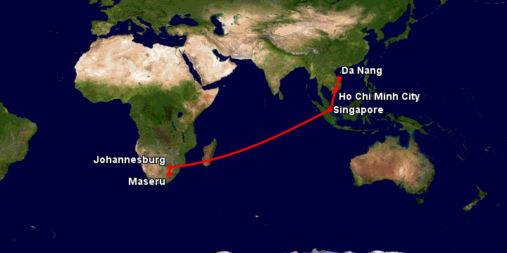 Bay từ Đà Nẵng đến Maseru qua TP HCM, Singapore, Johannesburg